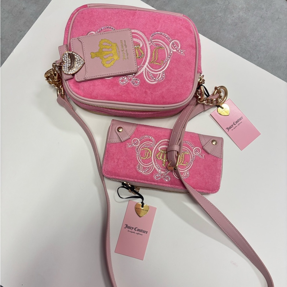 Juicy Couture Pink Velvet Crossbody Bag with Matching Wallet